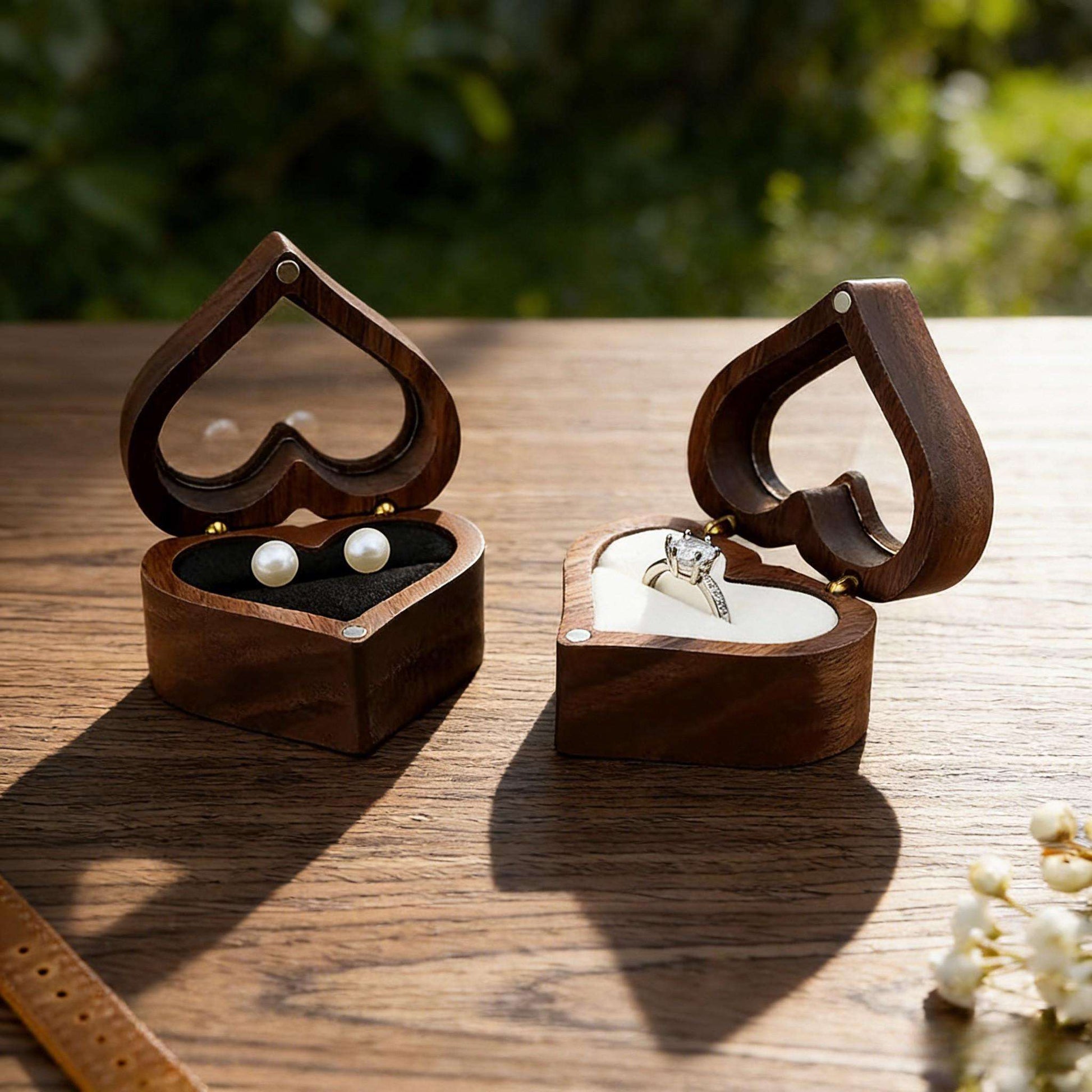 Handmade Walnut Wood Heart Ring Box, Engagement, Wedding