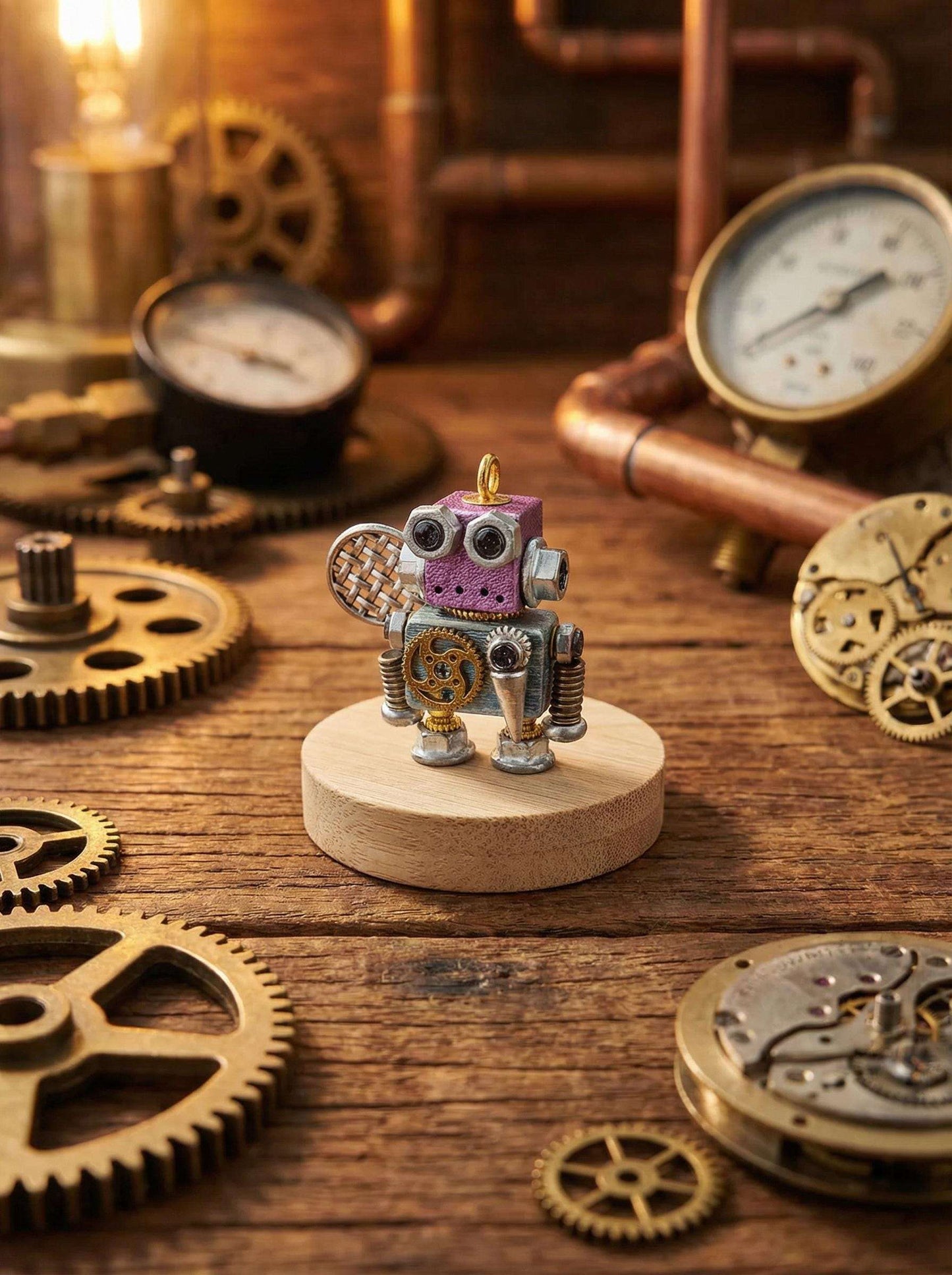 Handmade Steampunk Robot Figurine – Miniature Industrial Desk Art | Birthday Gift