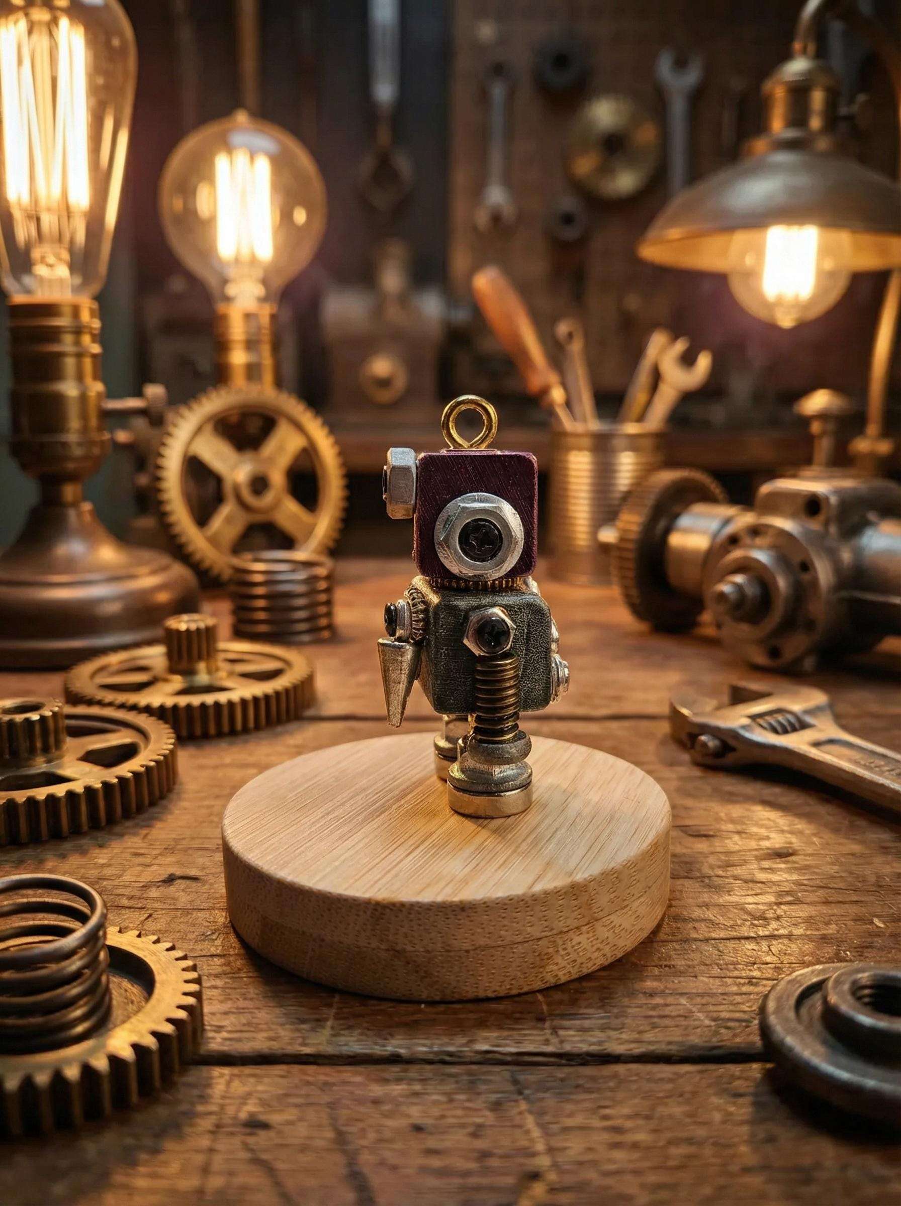 Handmade Steampunk Robot Figurine – Miniature Industrial Desk Art | Birthday Gift