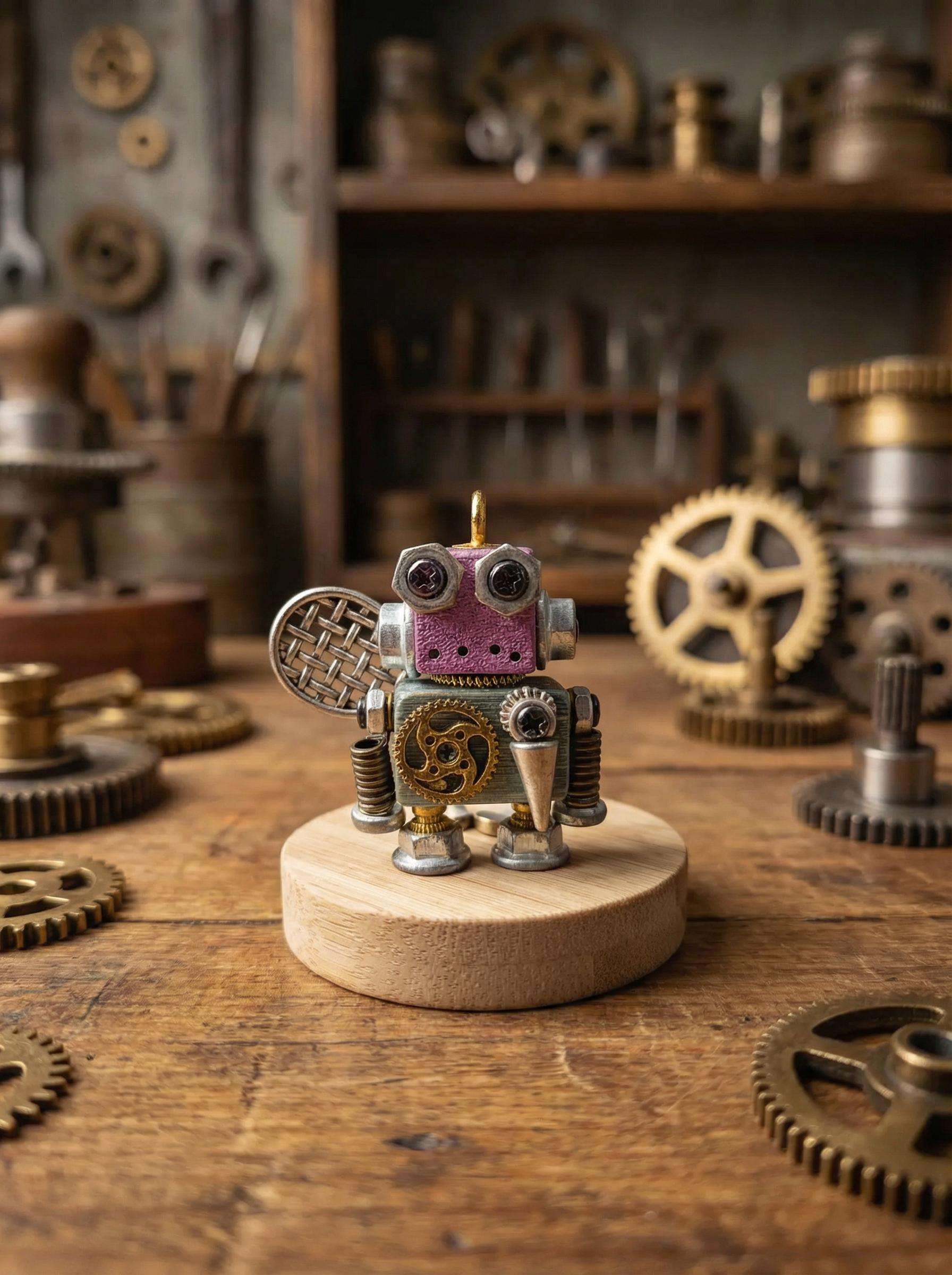 Handmade Steampunk Robot Figurine – Miniature Industrial Desk Art | Birthday Gift