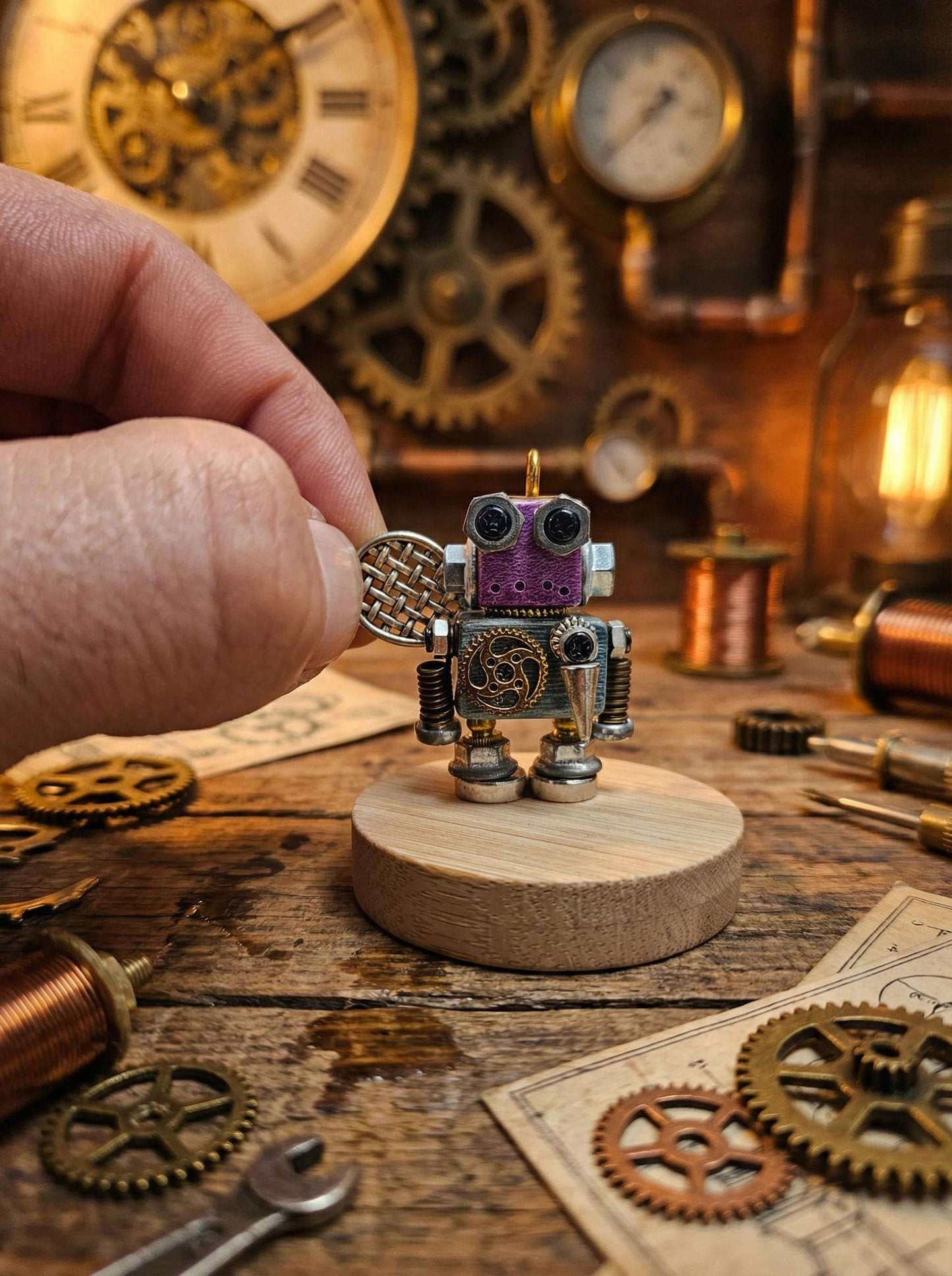Handmade Steampunk Robot Figurine – Miniature Industrial Desk Art | Birthday Gift