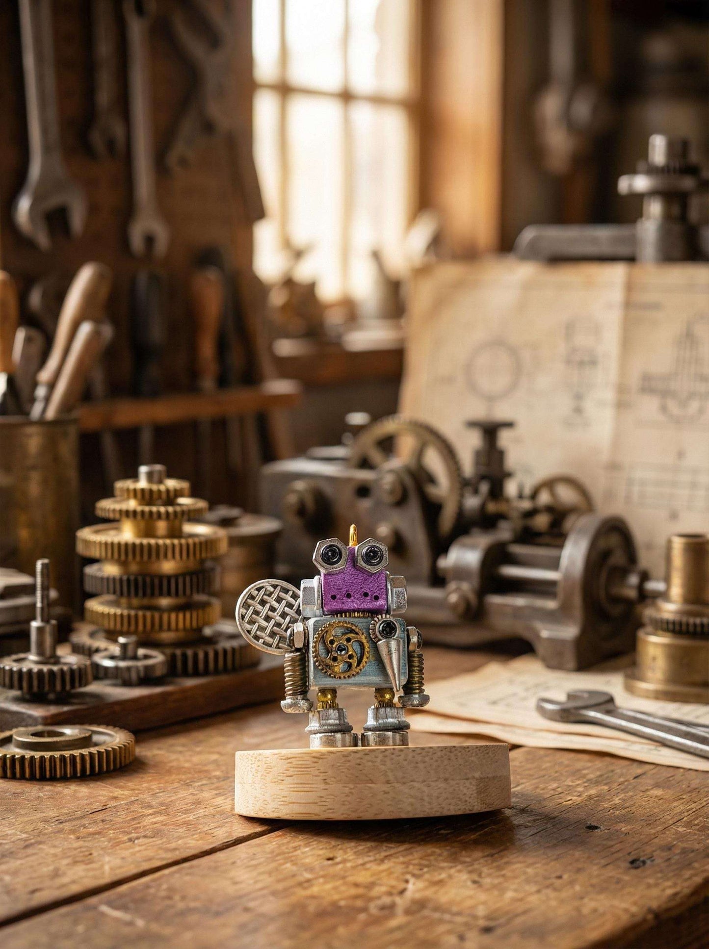 Handmade Steampunk Robot Figurine – Miniature Industrial Desk Art | Birthday Gift