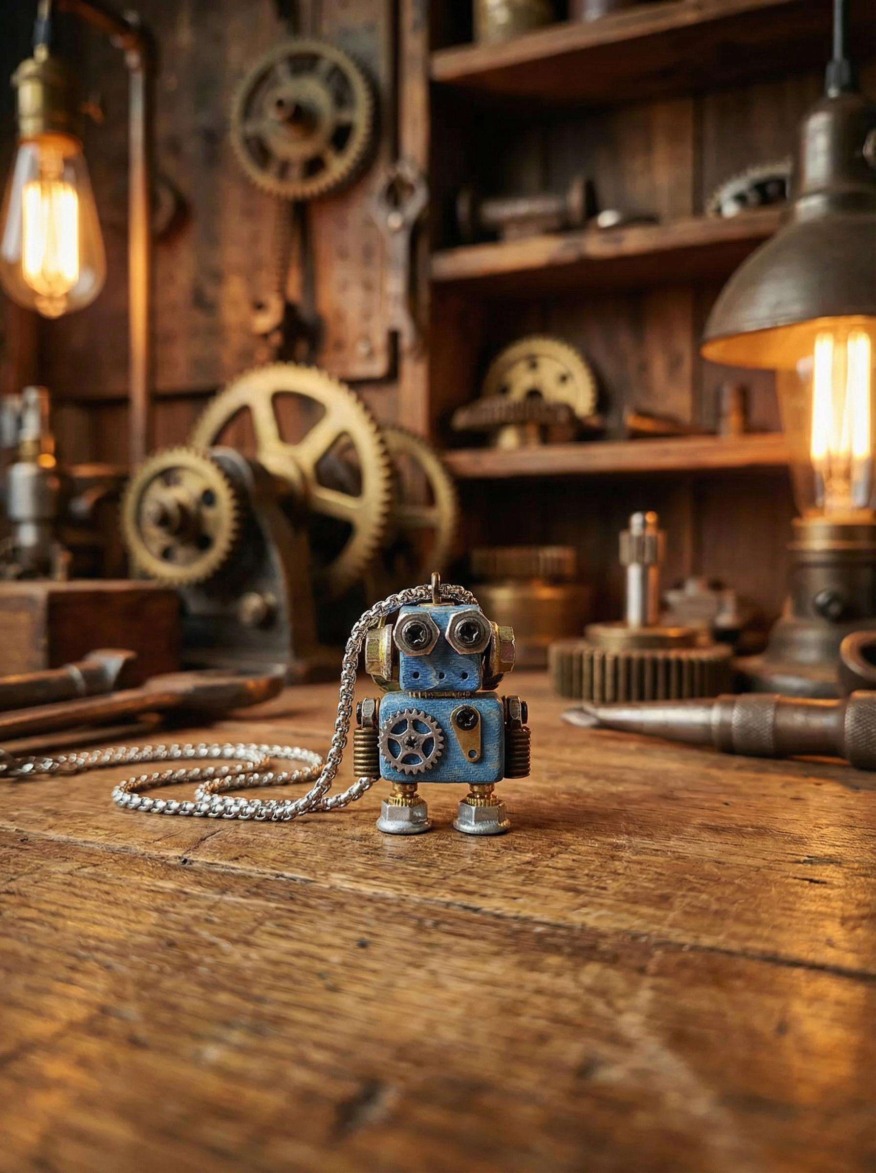 Handmade Steampunk Robot Necklace – Wood &amp; Metal Industrial Pendant