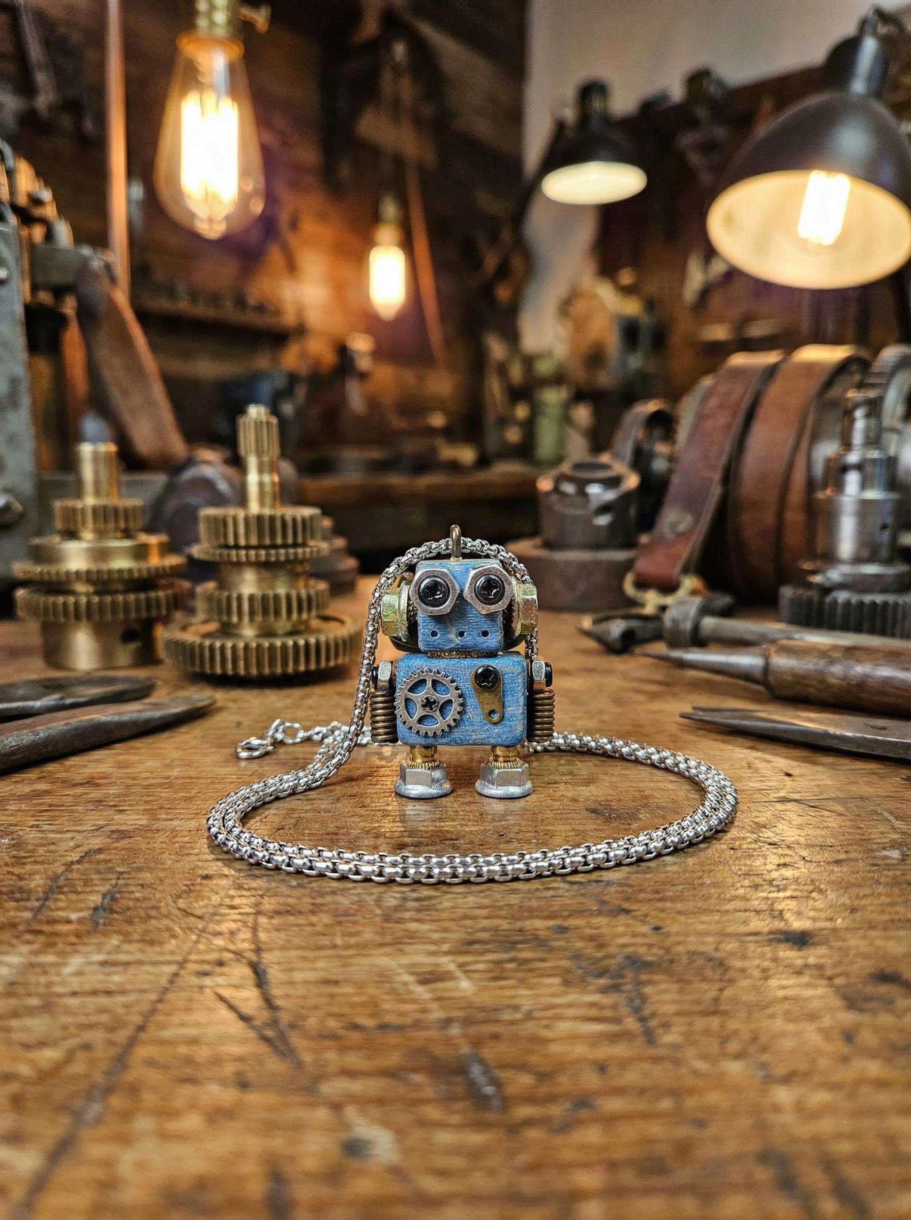 Handmade Steampunk Robot Necklace – Wood &amp; Metal Industrial Pendant