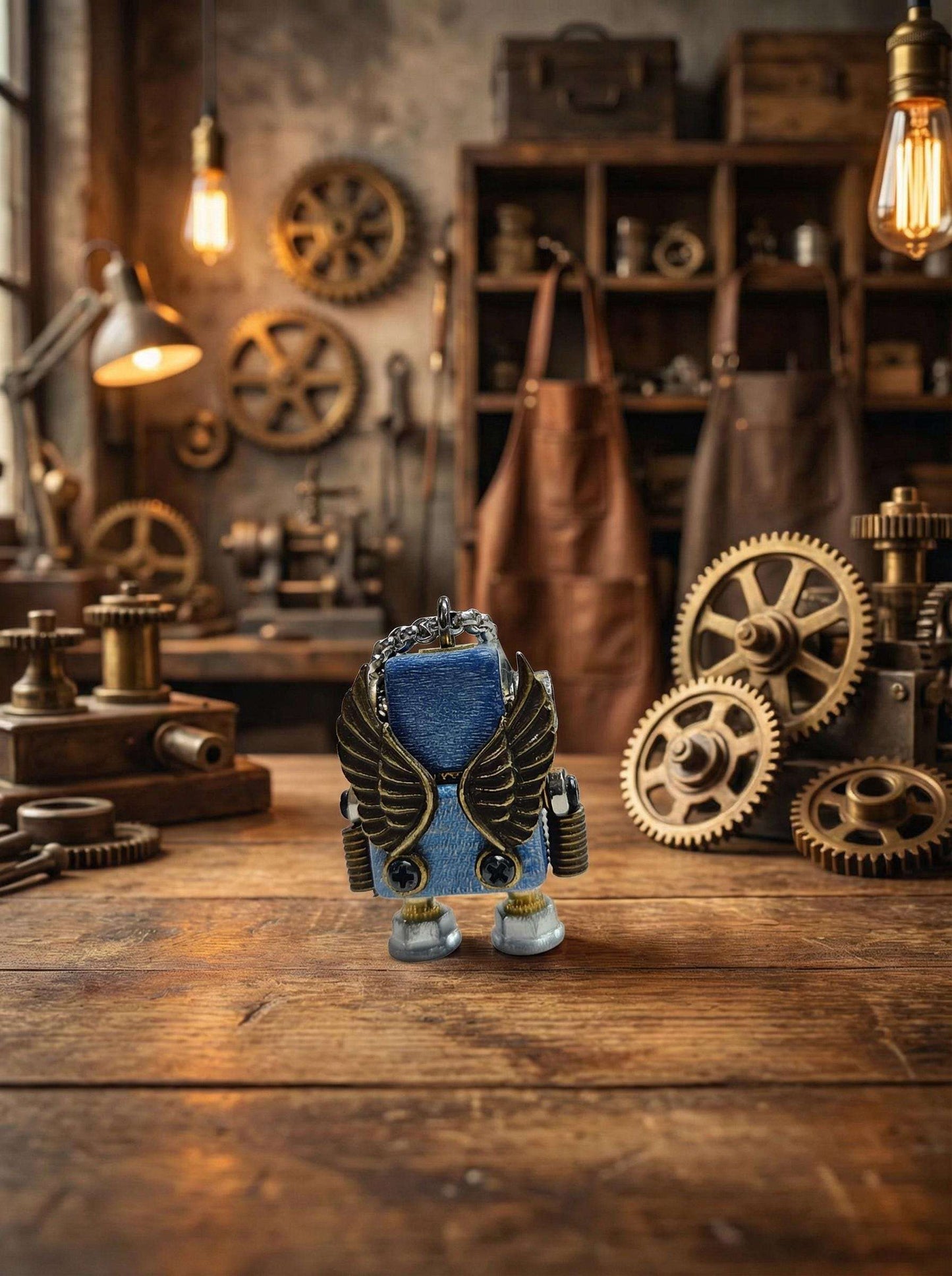 Handmade Steampunk Robot Necklace – Wood &amp; Metal Industrial Pendant
