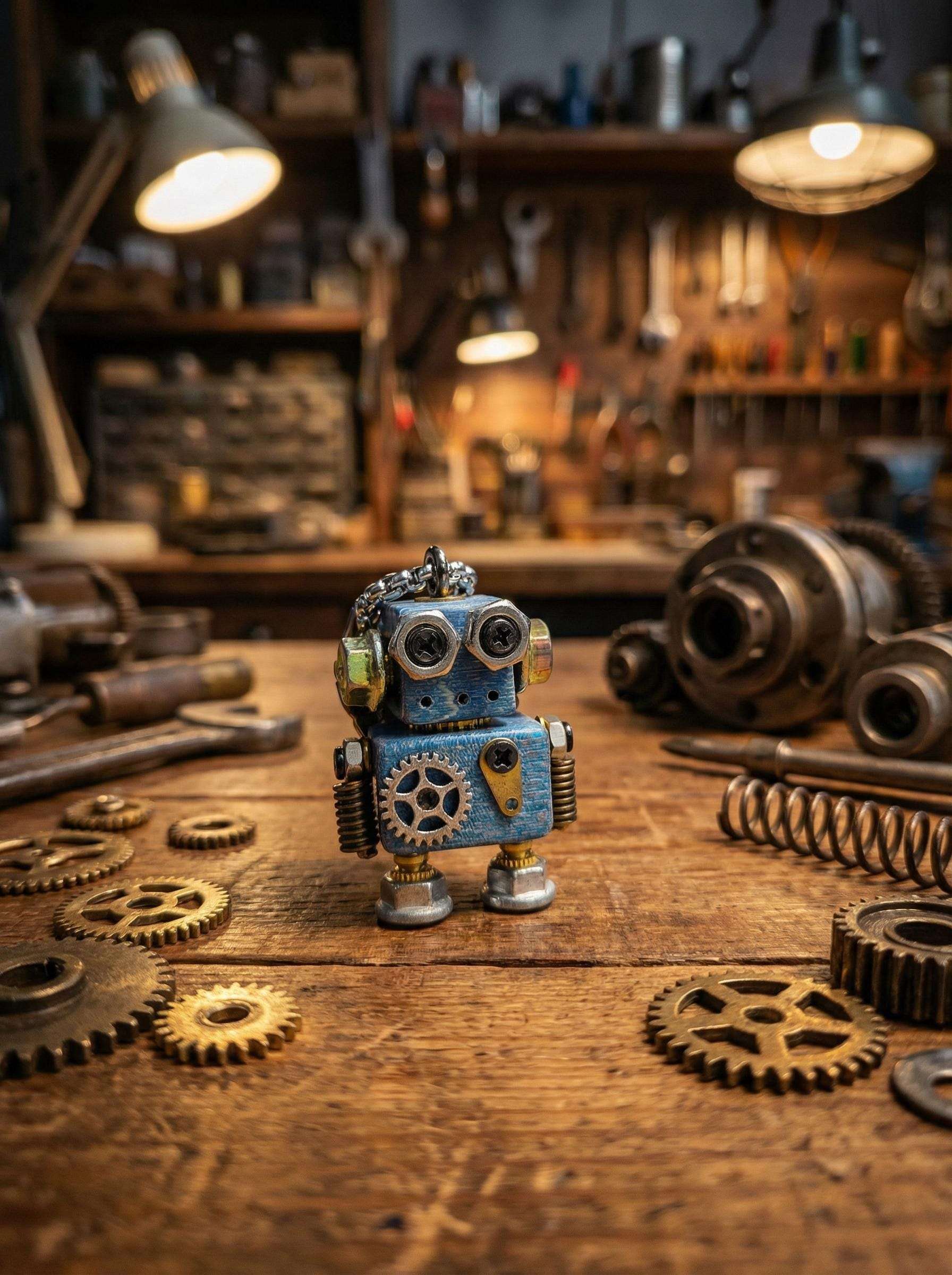 Handmade Steampunk Robot Necklace – Wood &amp; Metal Industrial Pendant