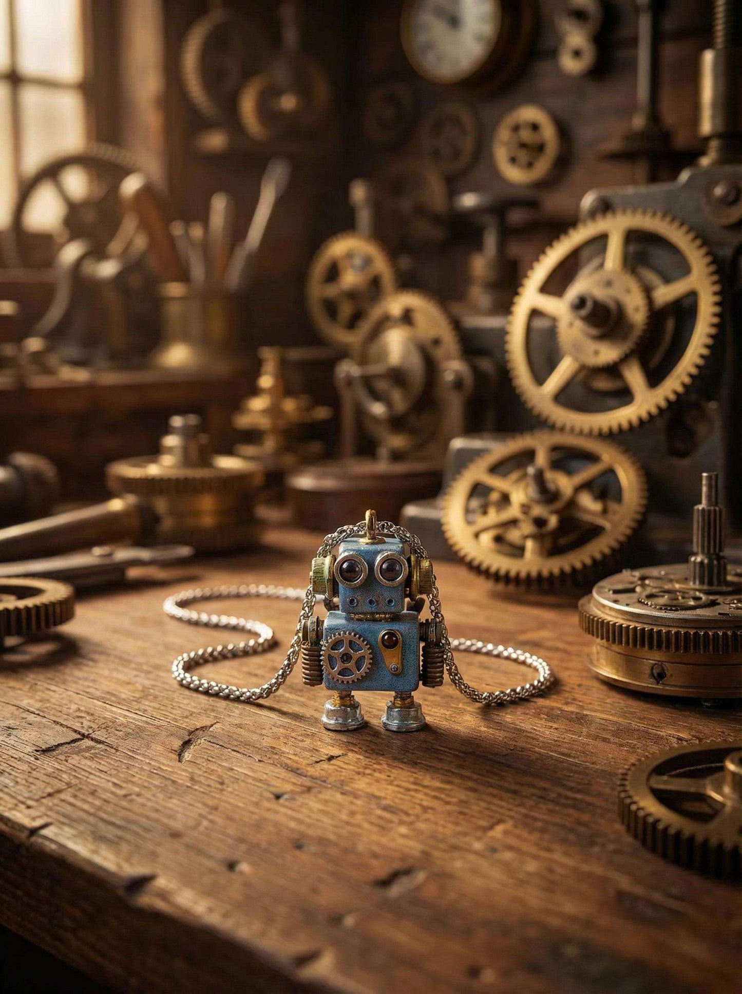 Handmade Steampunk Robot Necklace – Wood &amp; Metal Industrial Pendant