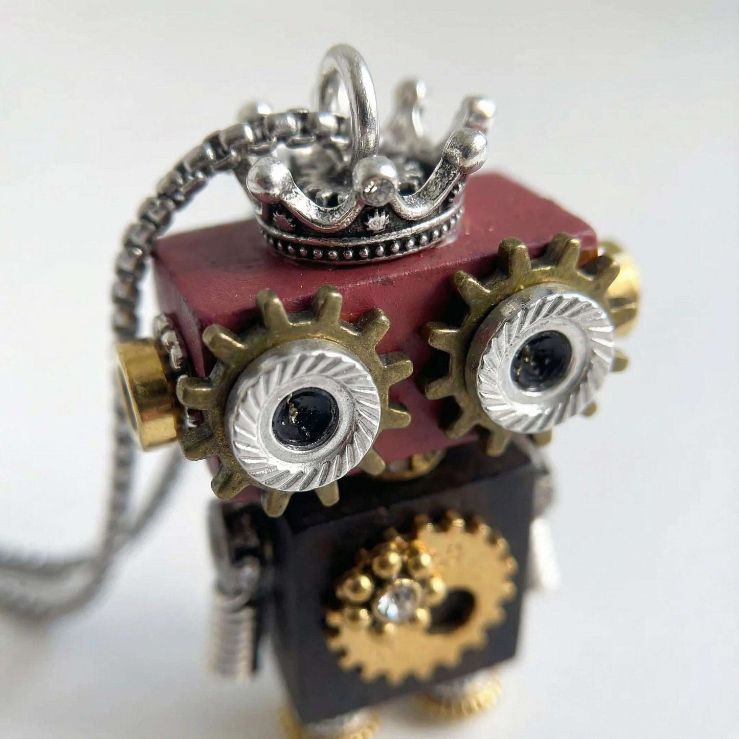 Handmade Steampunk Robot Necklace, Wood &amp; Recycled Metal Pendant
