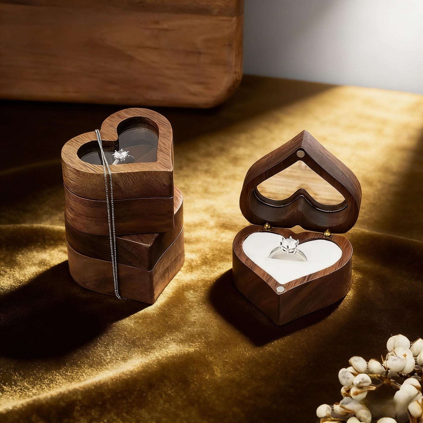 Handmade Walnut Wood Heart Ring Box, Engagement, Wedding