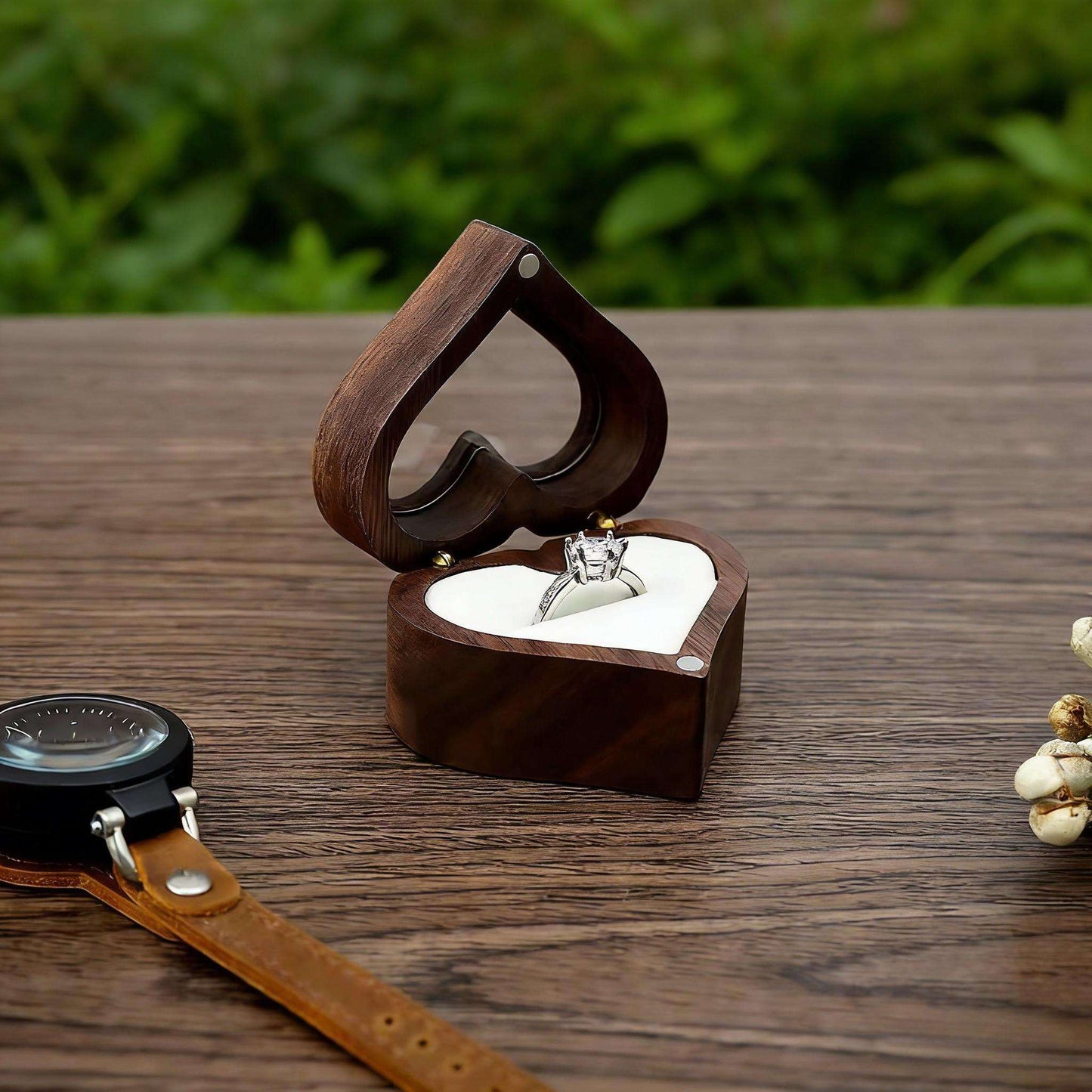 Handmade Walnut Wood Heart Ring Box, Engagement, Wedding