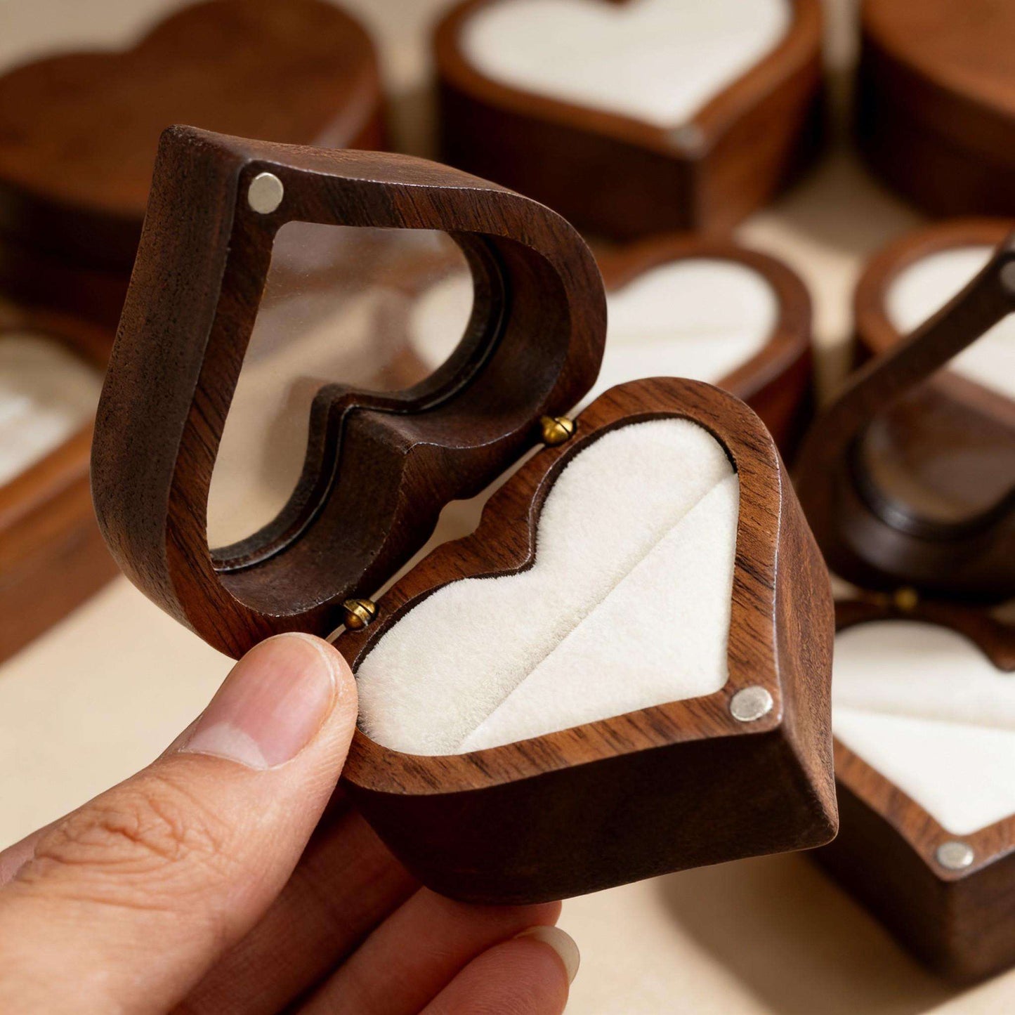 Handmade Walnut Wood Heart Ring Box, Engagement, Wedding