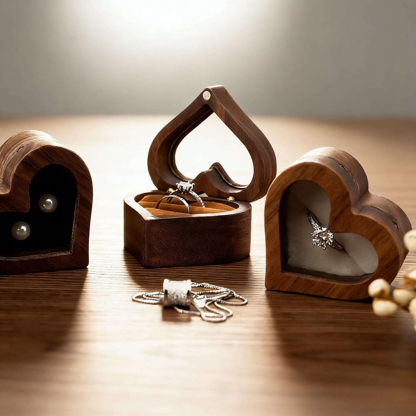 Handmade Walnut Wood Heart Ring Box, Engagement, Wedding