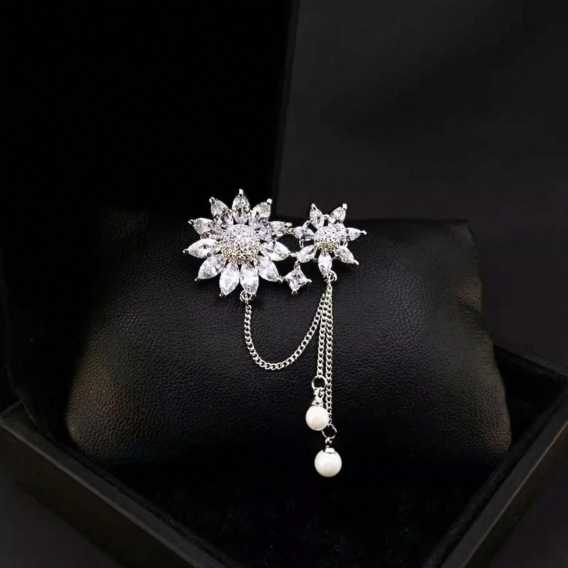 Crystal Flower Brooch, Rhinestone Pearl Pin, Vintage Style Jewelry, Zircon Gift For Her