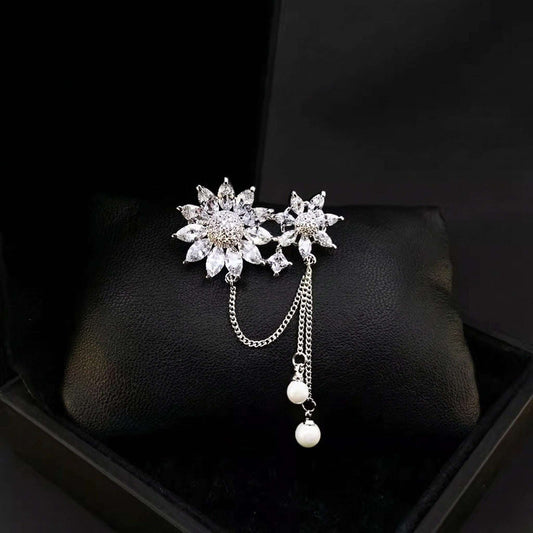 Crystal Flower Brooch, Rhinestone Pearl Pin, Vintage Style Jewelry, Zircon Gift For Her