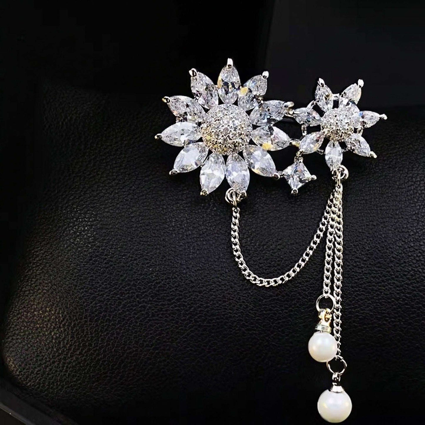 Crystal Flower Brooch, Rhinestone Pearl Pin, Vintage Style Jewelry, Zircon Gift For Her