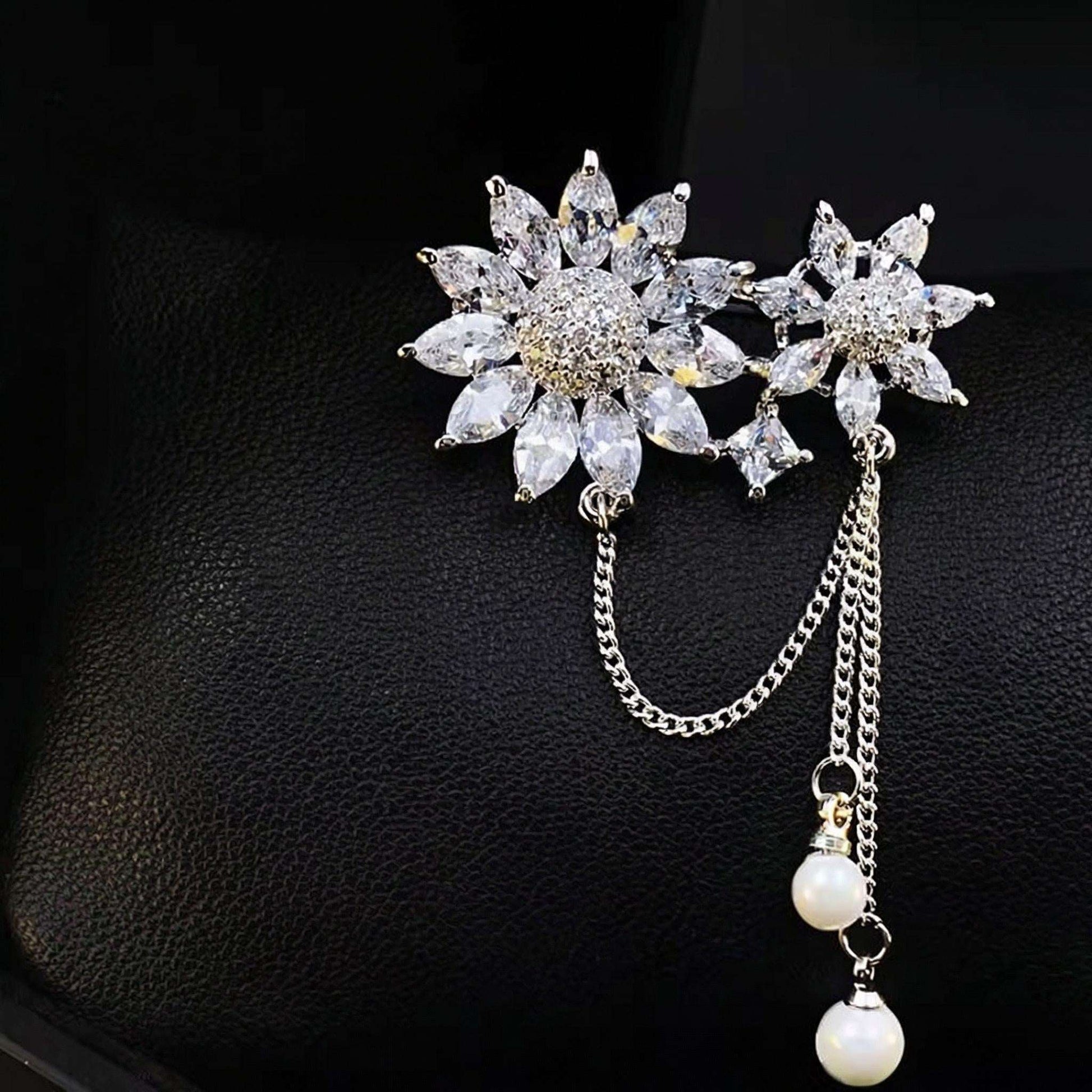 Crystal Flower Brooch, Rhinestone Pearl Pin, Vintage Style Jewelry, Zircon Gift For Her
