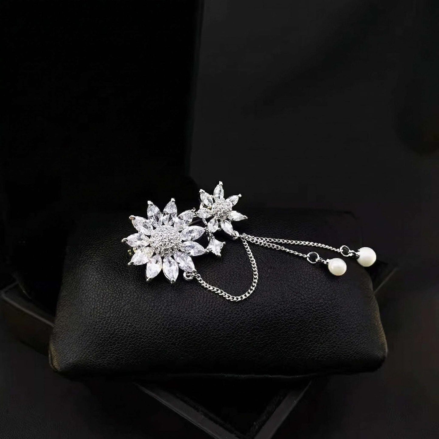 Crystal Flower Brooch, Rhinestone Pearl Pin, Vintage Style Jewelry, Zircon Gift For Her