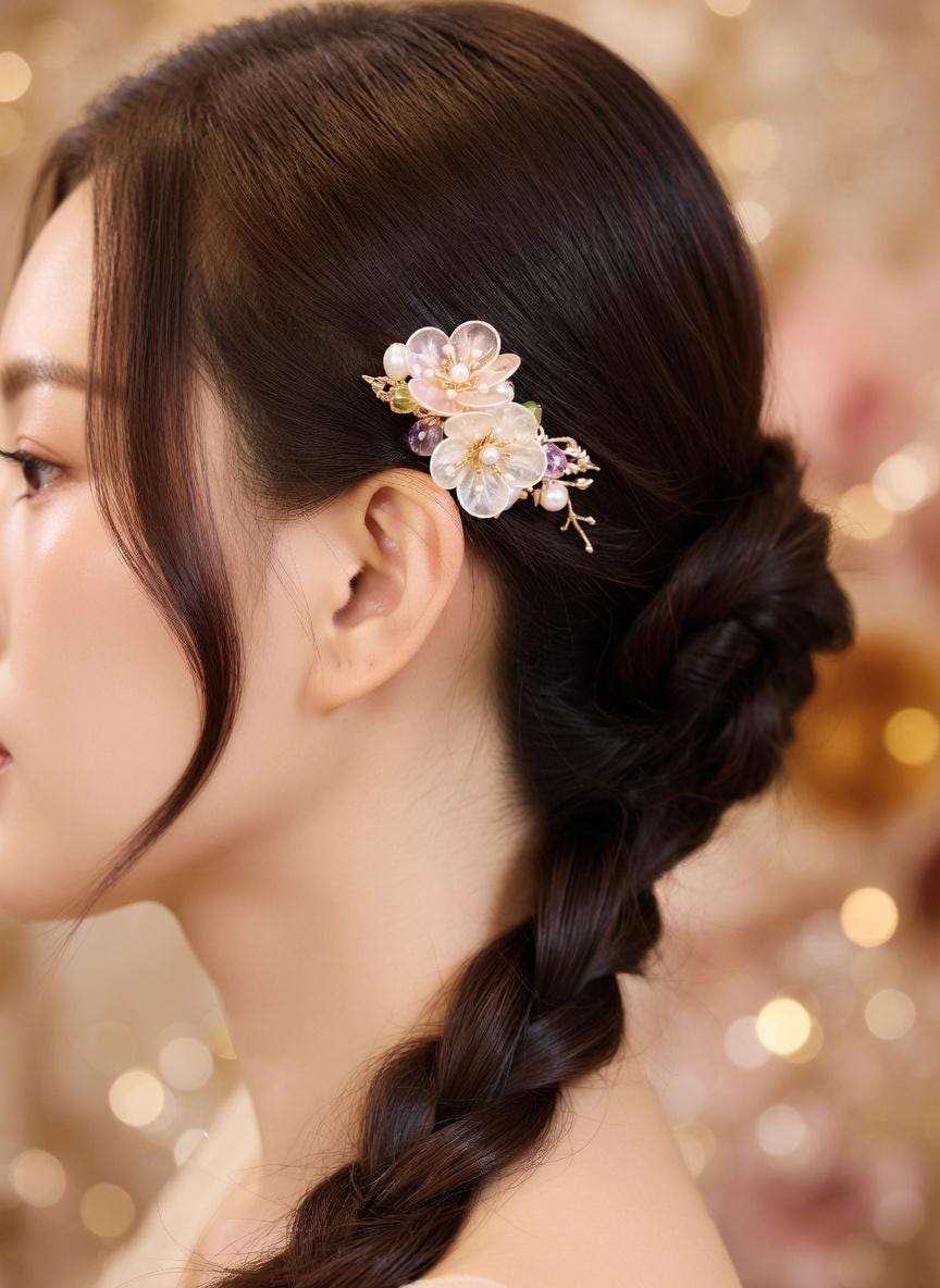 Floral Hair Clips with Pearls and Jade | Bridal Wedding Accessories - Gift For Her