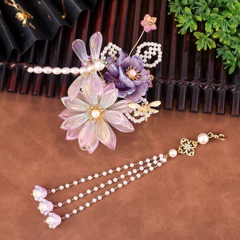 Hanfu Purple Dragonfly Flower Hair Clip – Iridescent Tassel Ancient Chinese Style Barrette - Hair pin