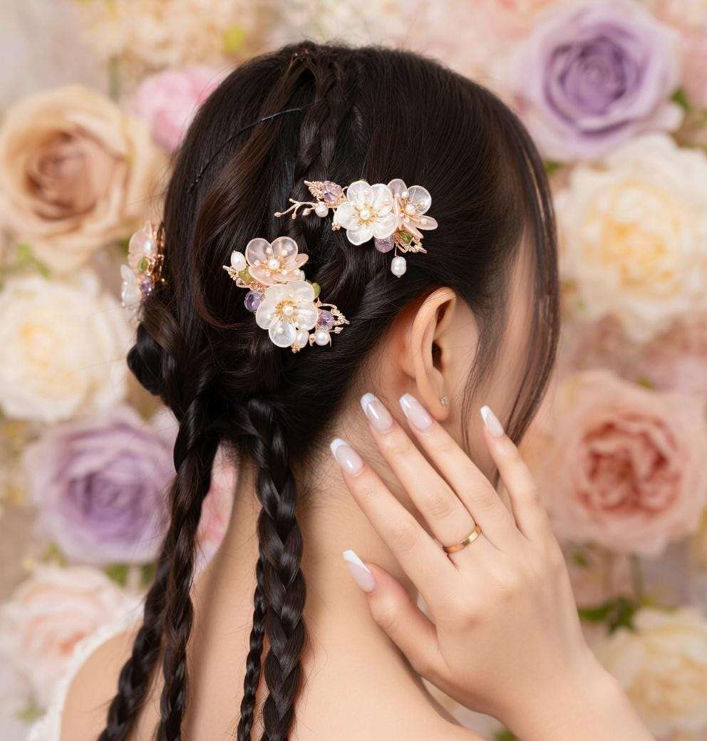Floral Hair Clips with Pearls and Jade | Bridal Wedding Accessories - Gift For Her