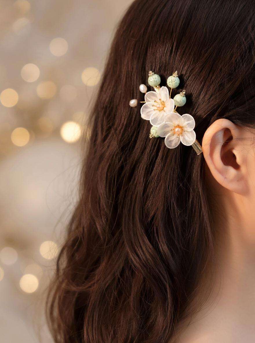 Floral Hair Clips with Pearls and Jade | Bridal Wedding Accessories - Gift For Her
