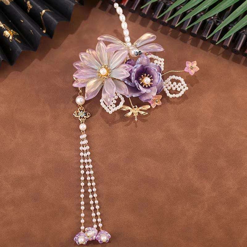 Hanfu Purple Dragonfly Flower Hair Clip – Iridescent Tassel Ancient Chinese Style Barrette - Hair pin