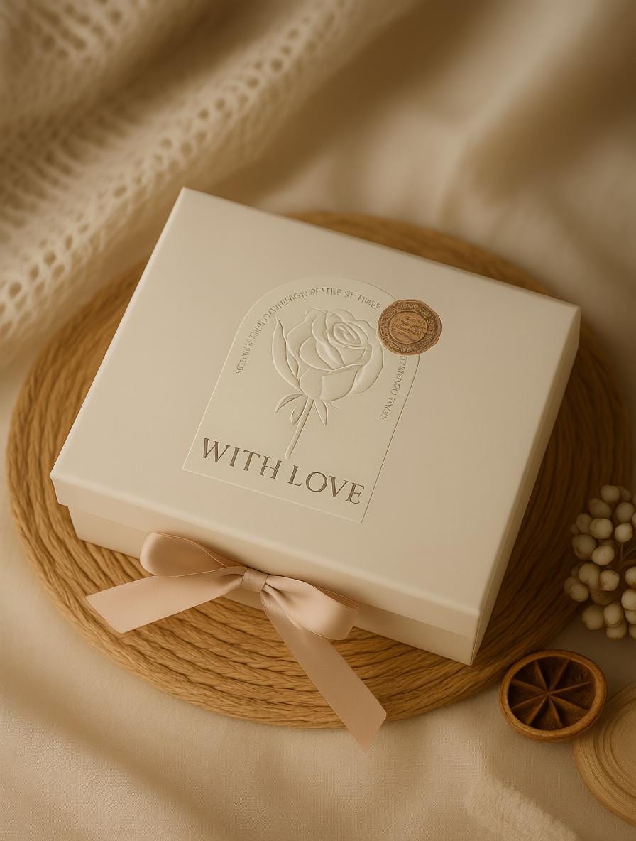 Beige gift box with 'WITH LOVE' text and rose design on a textured surface