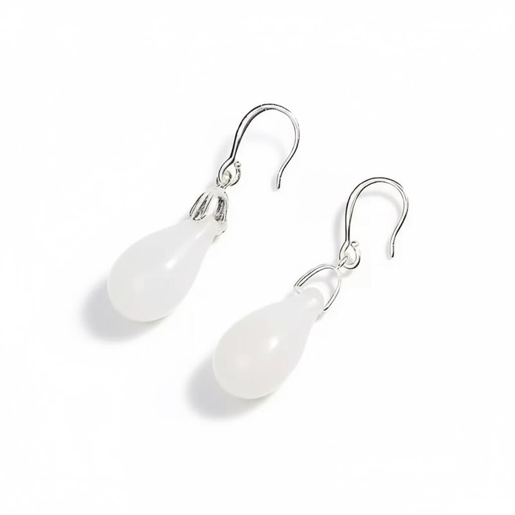 White Jade Teardrop Earrings: 925 Sterling Silver Dangle Gemstone Jewelry