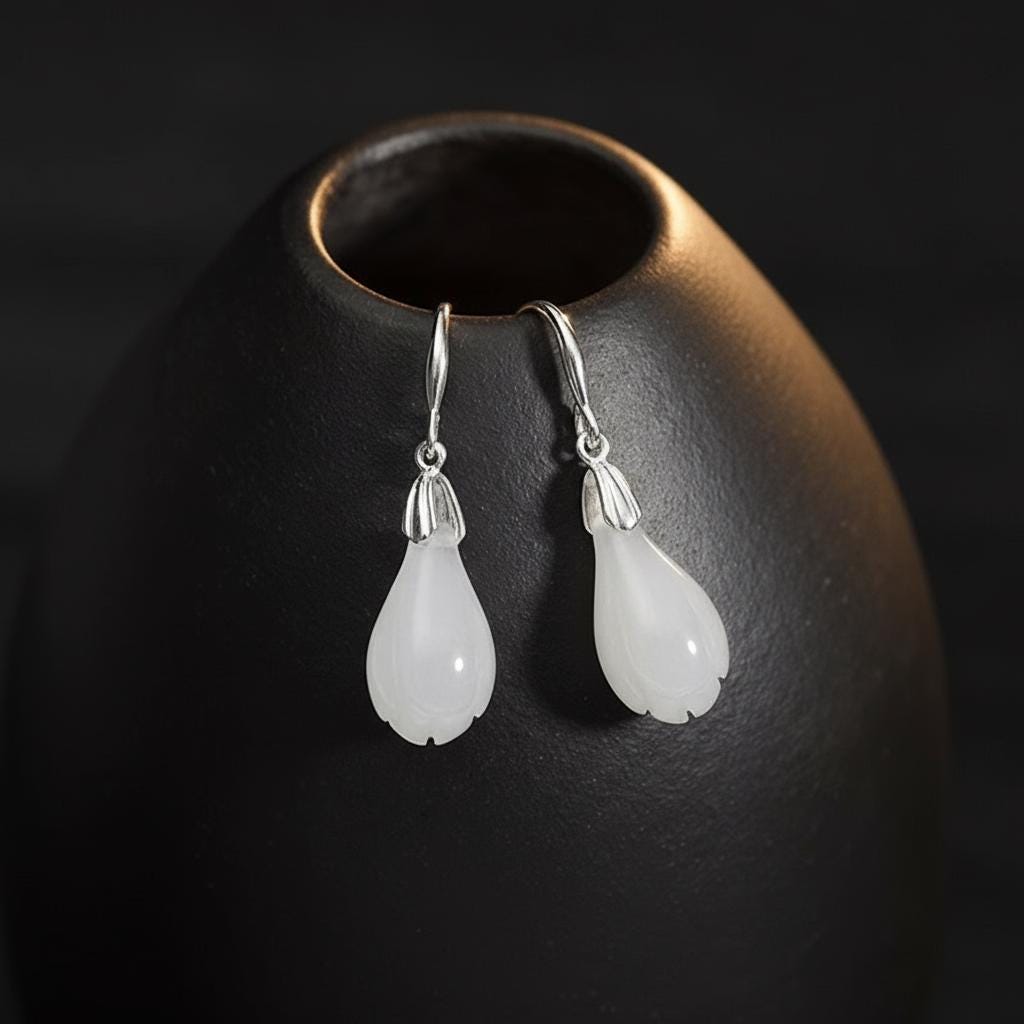 White Jade Teardrop Earrings: 925 Sterling Silver Dangle Gemstone Jewelry