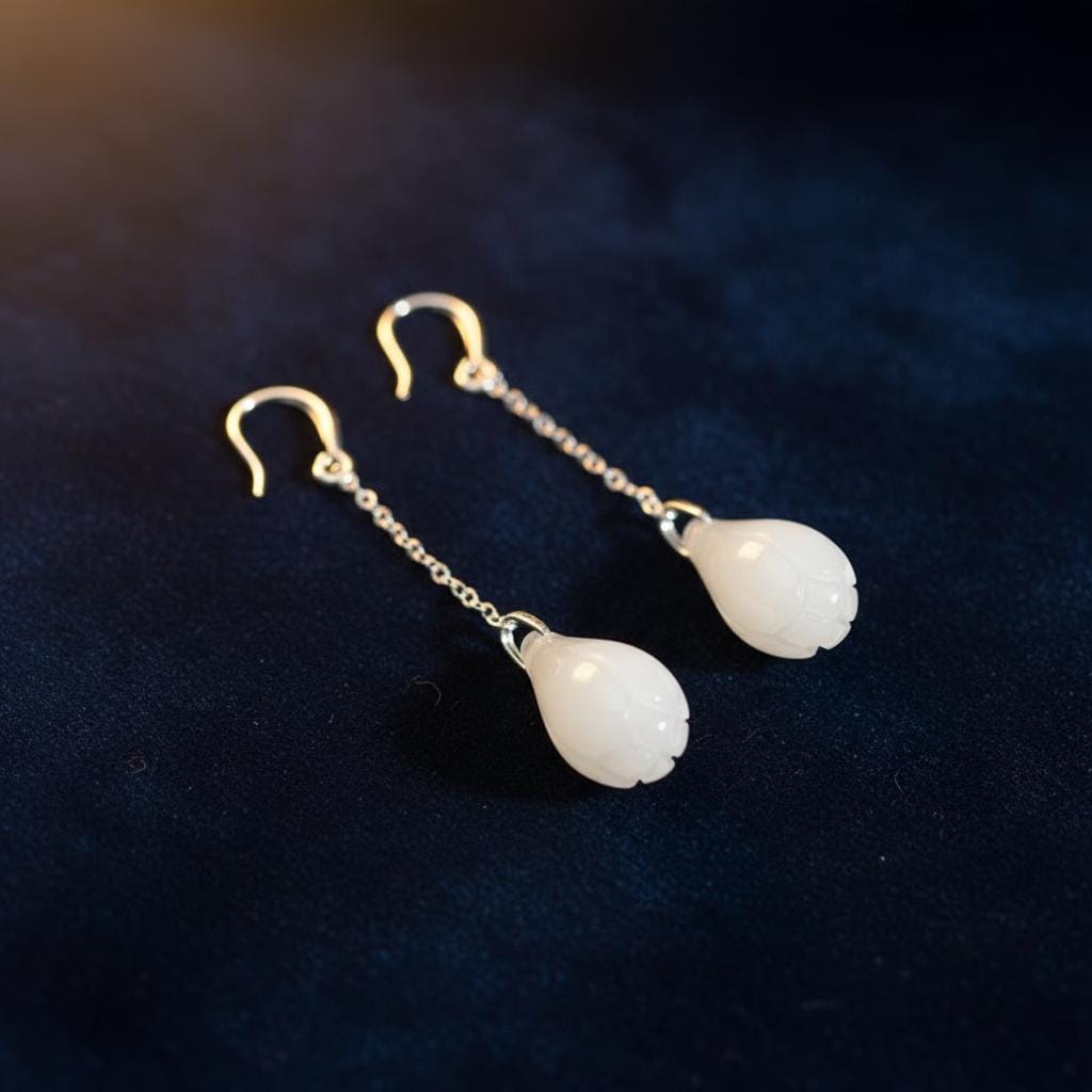 White Jade Teardrop Earrings: 925 Sterling Silver Dangle Gemstone Jewelry