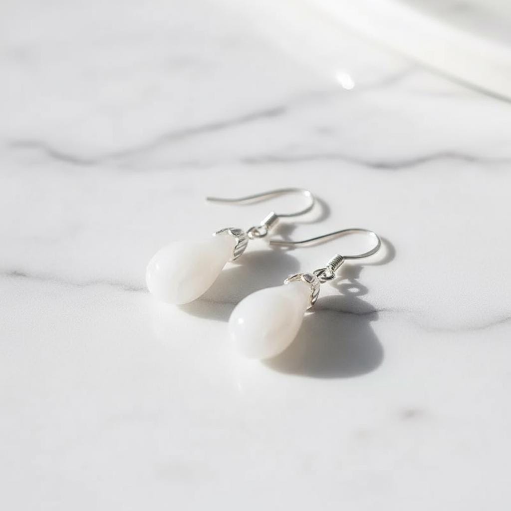 White Jade Teardrop Earrings: 925 Sterling Silver Dangle Gemstone Jewelry