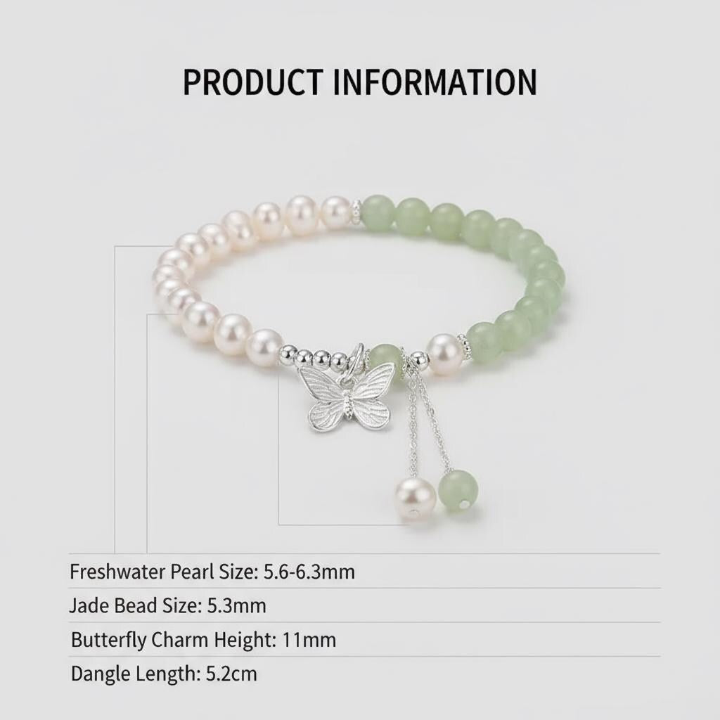 Beaded bracelet with freshwater pearls and jade beads on a light gray background