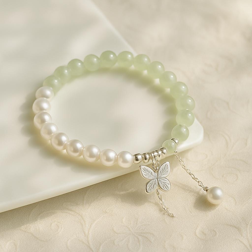 Pearl bracelet with a silver butterfly charm on a beige background