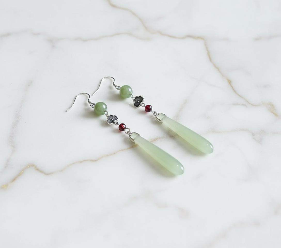 Natural Jade Dangling Earrings | Sterling Silver | New Chinese Style | Unique Women's Accessory