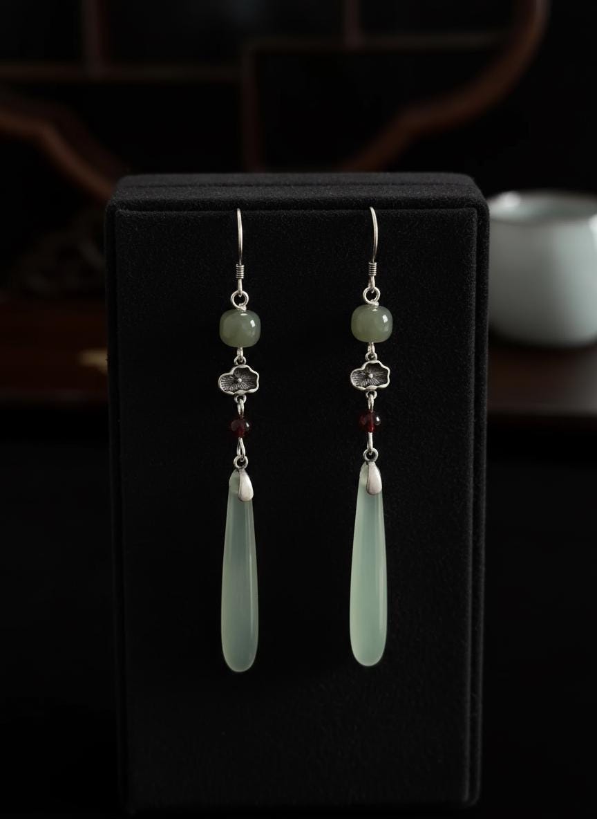 Natural Jade Dangling Earrings | Sterling Silver | New Chinese Style | Unique Women's Accessory