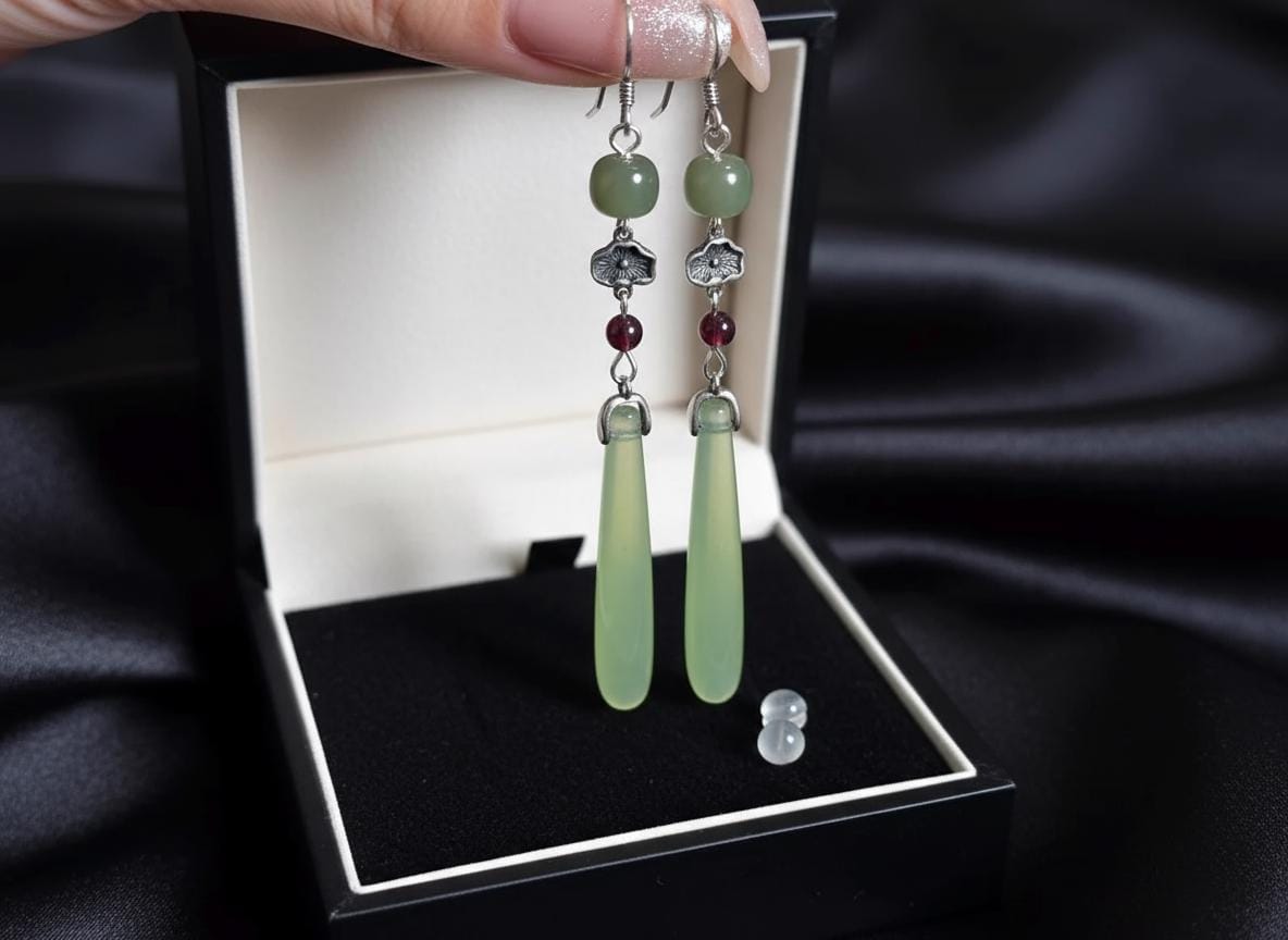 Natural Jade Dangling Earrings | Sterling Silver | New Chinese Style | Unique Women's Accessory