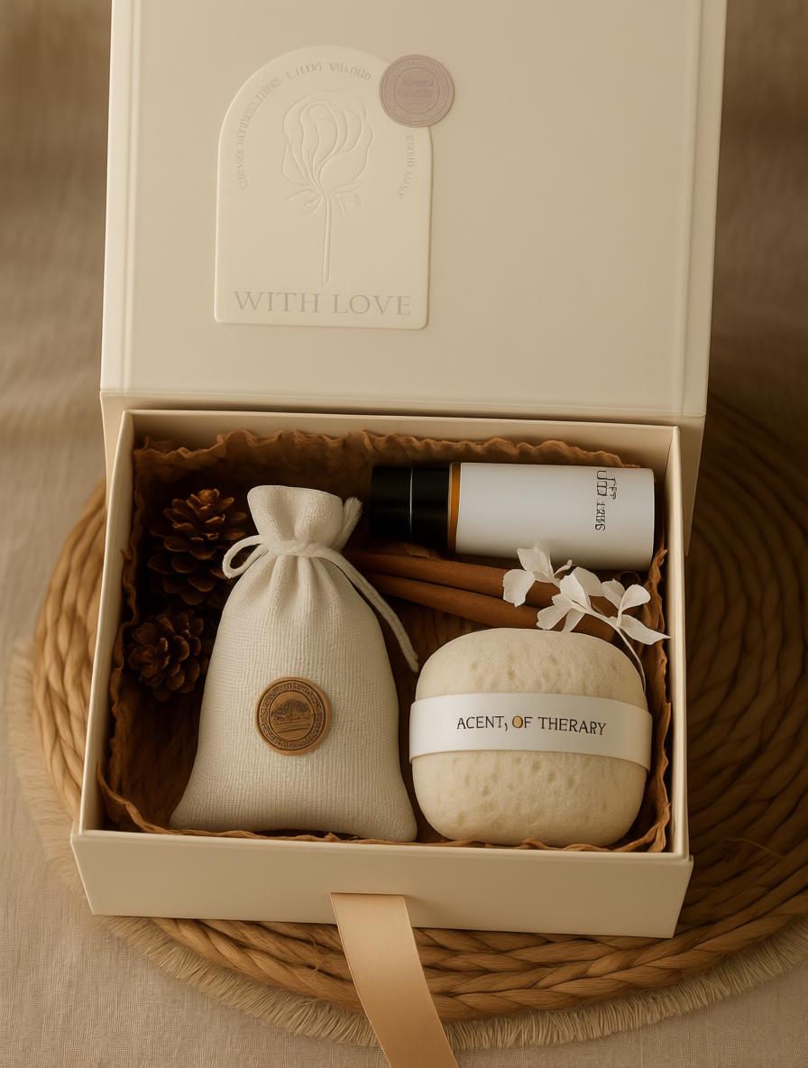 Gift set with bath bombs, soap, and other items in a box labeled 'With Love'.