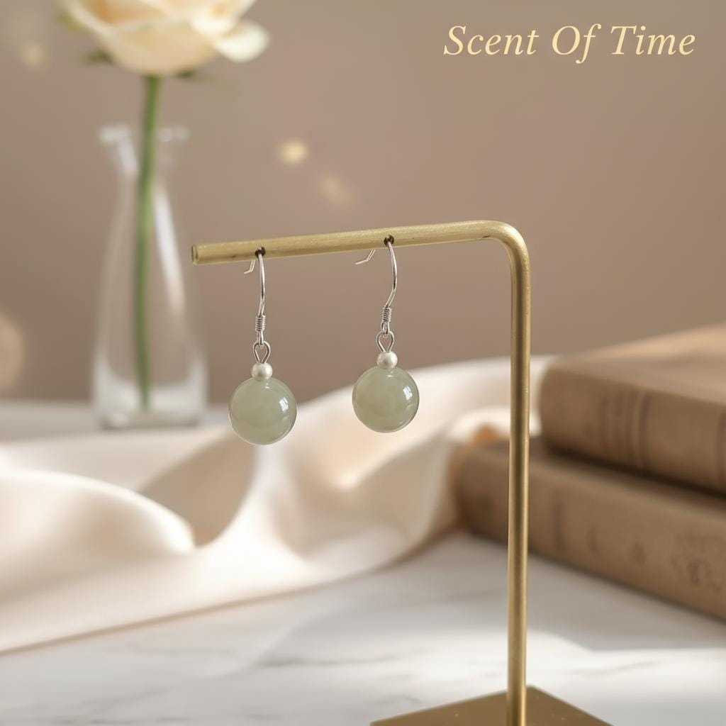 Green Jade Sterling Silver Earrings, Handmade Dangle Gemstone
