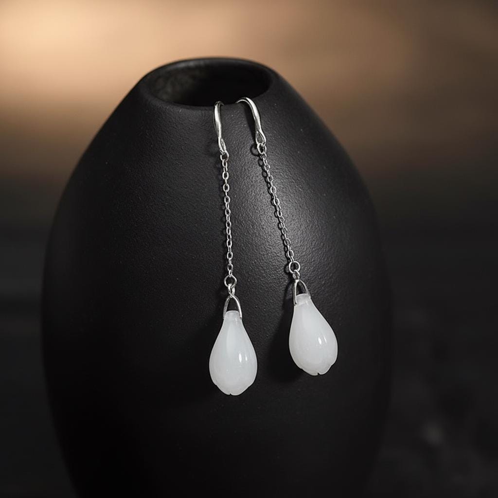 White Jade Teardrop Earrings: 925 Sterling Silver Dangle Gemstone Jewelry