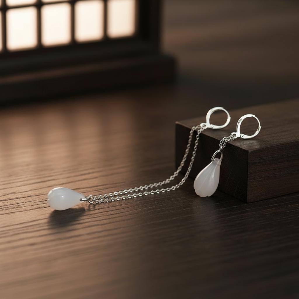 White Jade Teardrop Earrings: 925 Sterling Silver Dangle Gemstone Jewelry