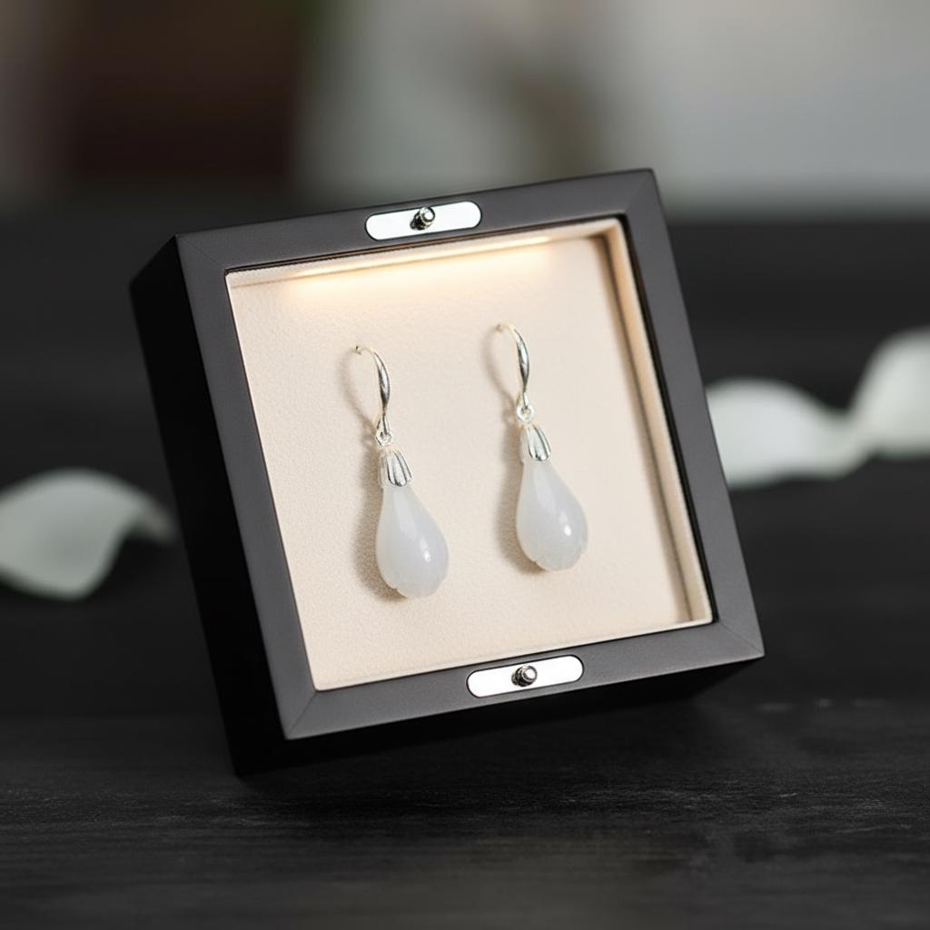 White Jade Teardrop Earrings: 925 Sterling Silver Dangle Gemstone Jewelry