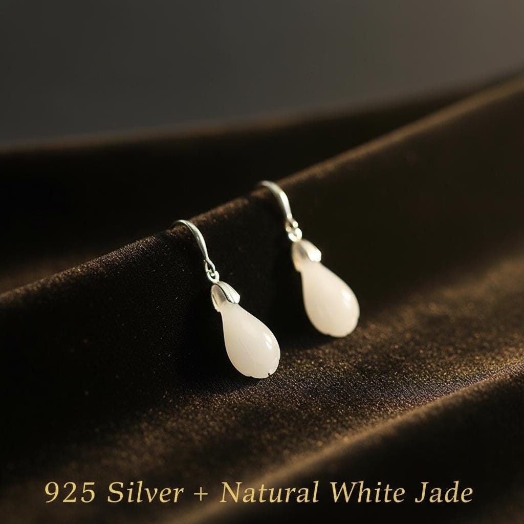 White Jade Teardrop Earrings: 925 Sterling Silver Dangle Gemstone Jewelry