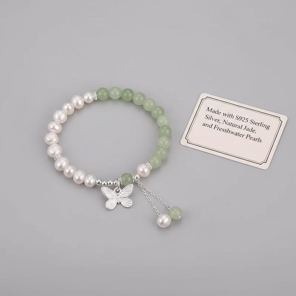 Bracelet with pearls and a butterfly charm on a gray background