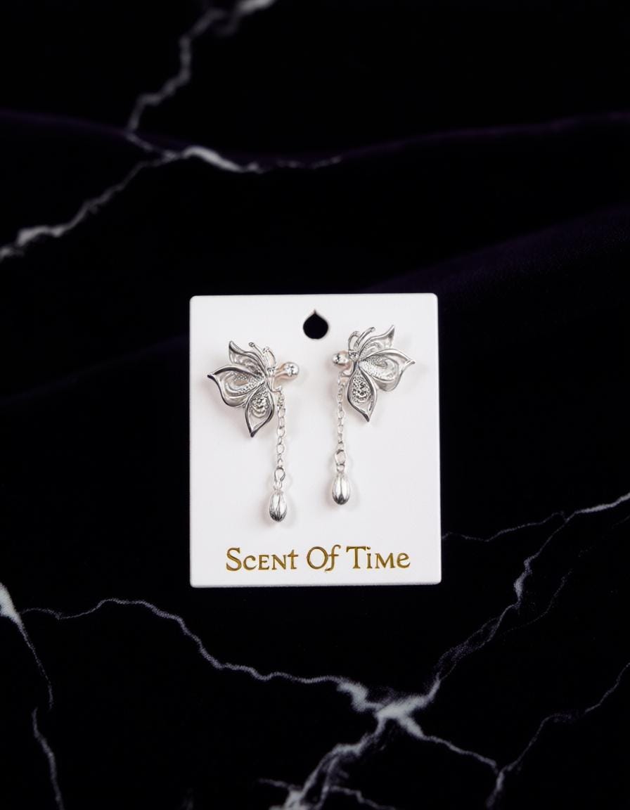 Pure Silver Filigree Butterfly Drop Earrings | Delicate Boho Nature Jewelry Bridesmaid Gift For Her