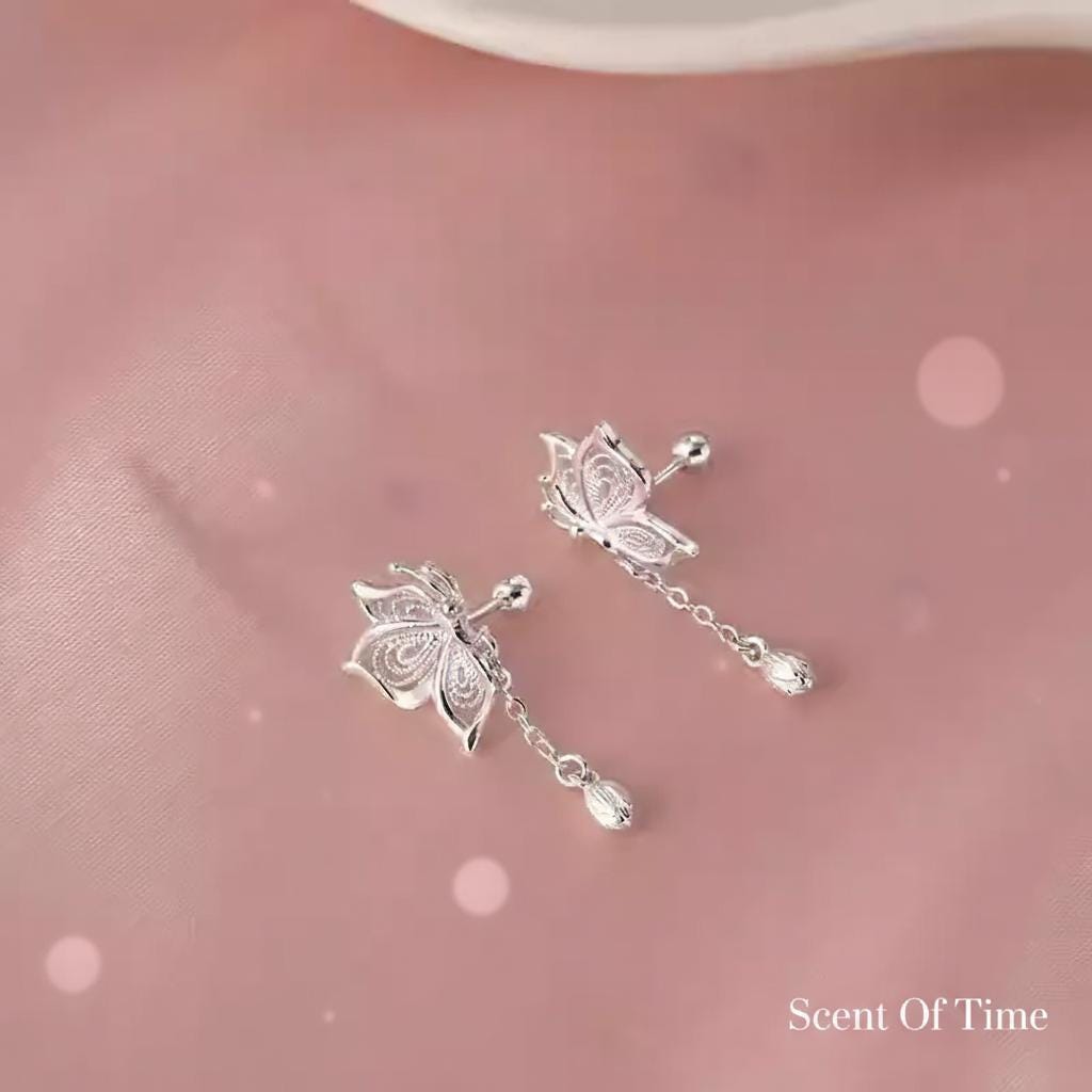 Pure Silver Filigree Butterfly Drop Earrings | Delicate Boho Nature Jewelry Bridesmaid Gift For Her