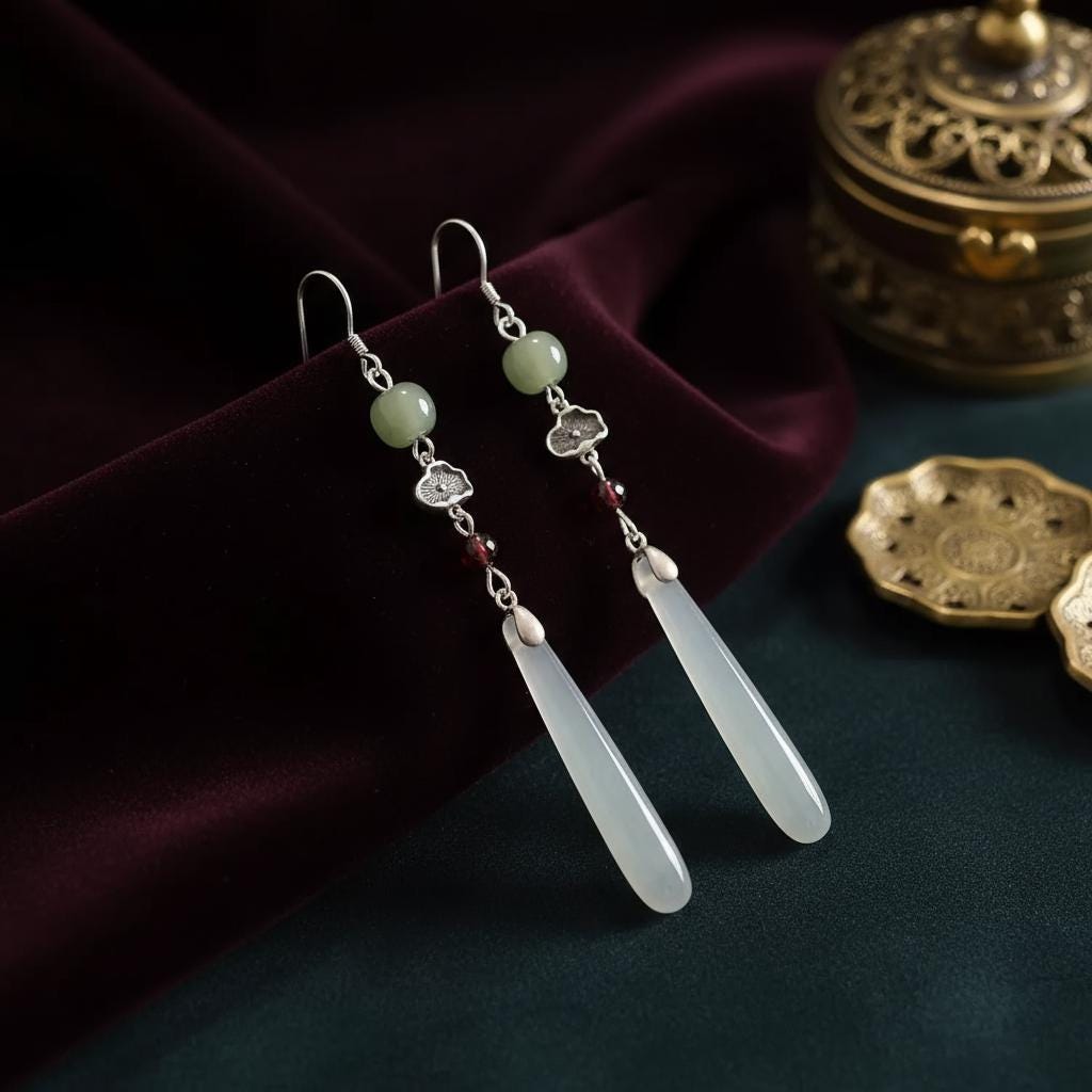 Natural Jade Dangling Earrings | Sterling Silver | New Chinese Style | Unique Women's Accessory