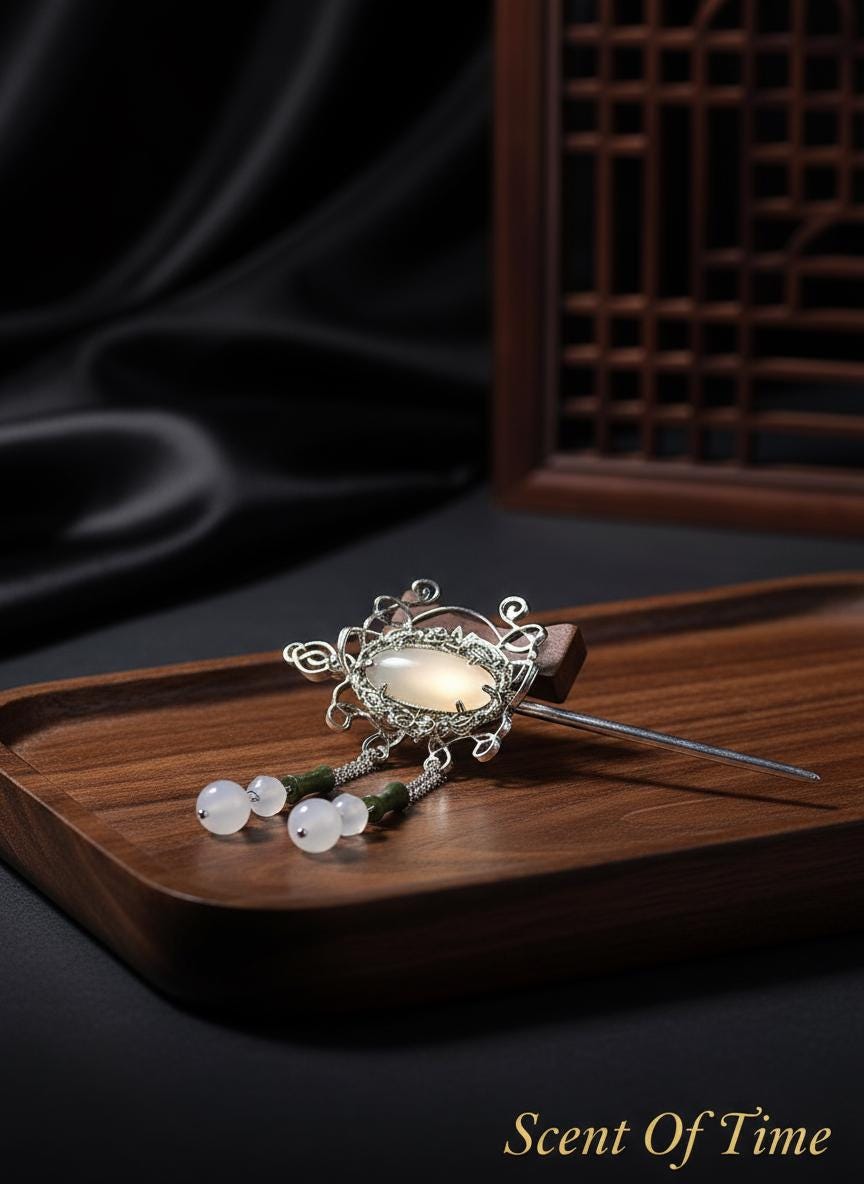 Decorative hair clip with gemstones on a wooden tray, against a dark background.