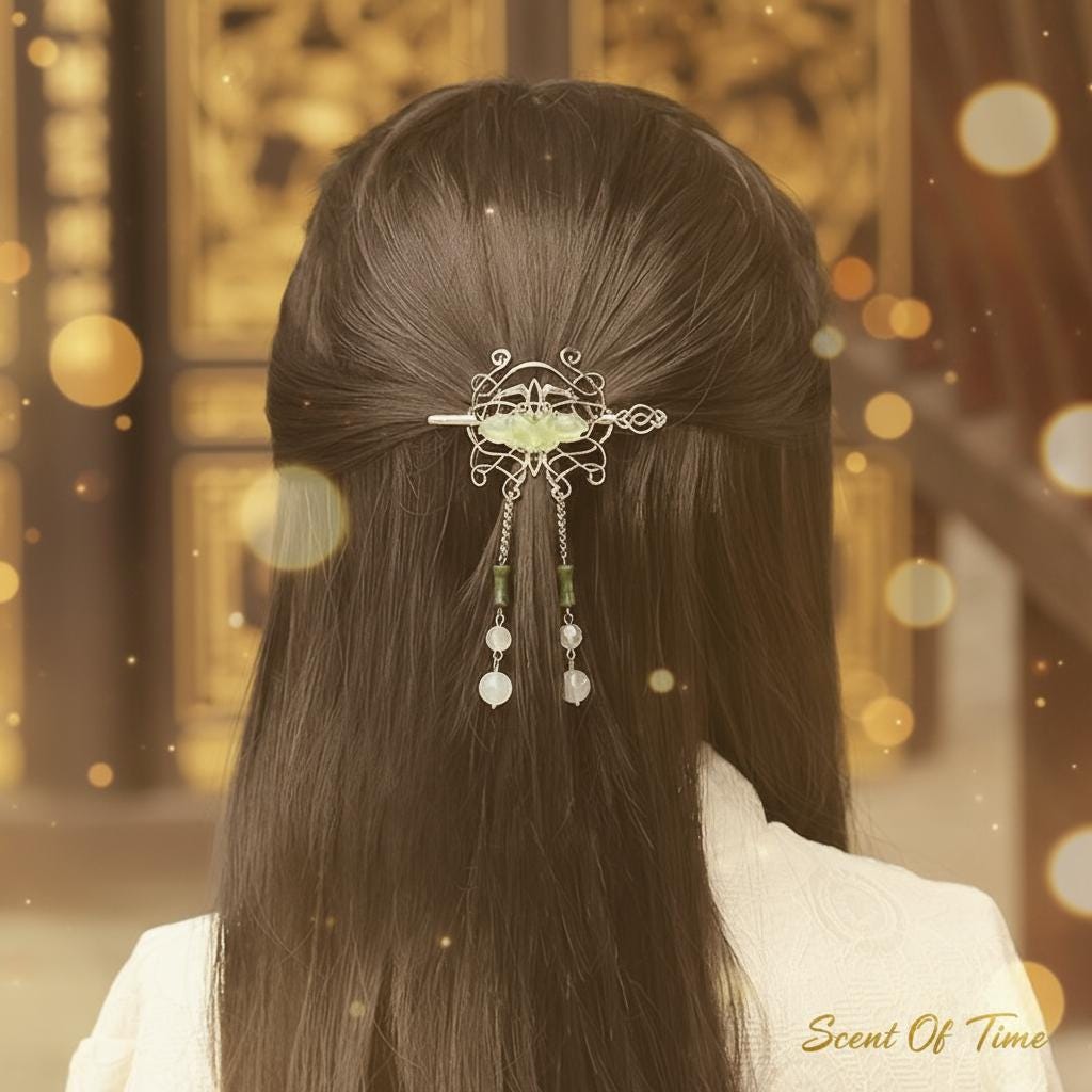 Person with intricate hair clip in dark hair against a blurred golden background