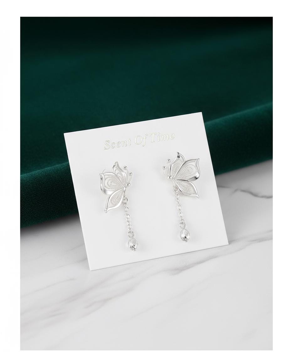 Pure Silver Filigree Butterfly Drop Earrings | Delicate Boho Nature Jewelry Bridesmaid Gift For Her