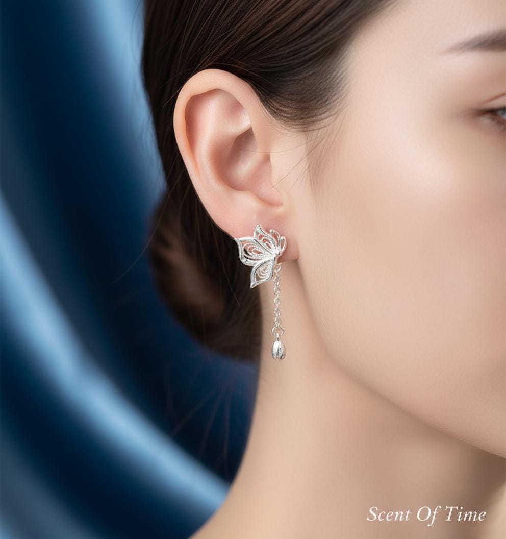 Pure Silver Filigree Butterfly Drop Earrings | Delicate Boho Nature Jewelry Bridesmaid Gift For Her